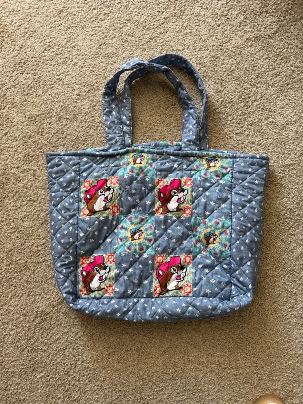 Buc-ee’s Blue Patchwork Tote Bag with Buc-ee’s Motif